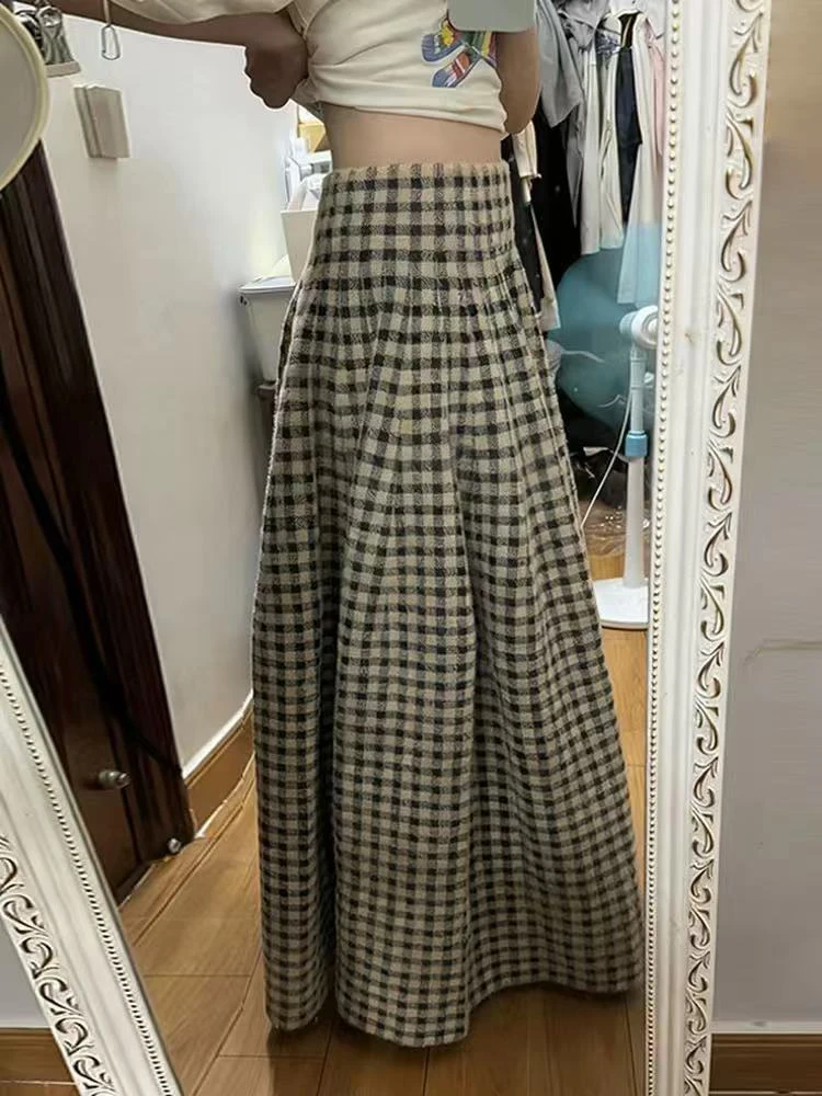 

Faux Wool Plaid Skirt for Women Autumn Winter Thick Loose Casual Midi Skirt Y2K High Waist Sweet Proppy All Match Blended Skirt