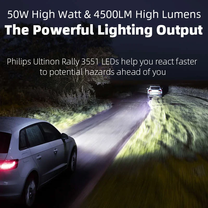 Philips LED HB4 9006 Ultinon Rally 3551 Max Power 50W 4500LM Car Headlight 6500K White Max Lumen Watt LED Bulbs 2X