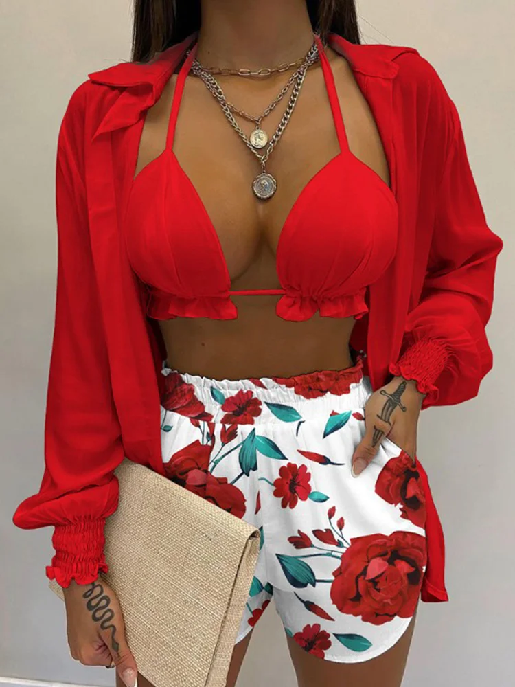 Three Pieces Swimwear Sexy Beachwear 2024 New Bathing Suit Shorts Cover Up Summer High Waist Bikini Set Print Women\'s Swimsuit