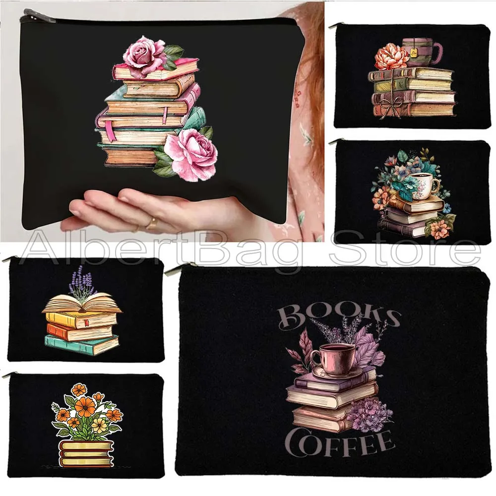 

Cute Floral Bouquet Books Stacks Coffee Flowers Growing From Book Gifts Folk Art Booklover Cosmetic Makeup Bag Pencil Case Pouch