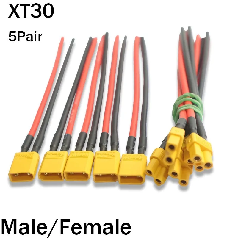 

5pcs/XT30 Male/Female connector plug for RC Lipo Battery FPV Drone charger fixed wing batterieswith silicone wire 16AWG cable