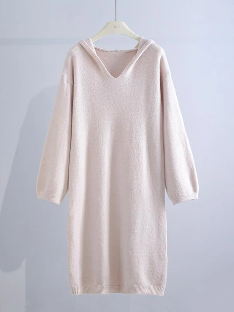 

HOUZHOU Casual Sweater Dress Women Elegant Vintage Long Sleeve Knitted Dresses Hooded Loose Solid V-neck Korean Fashion