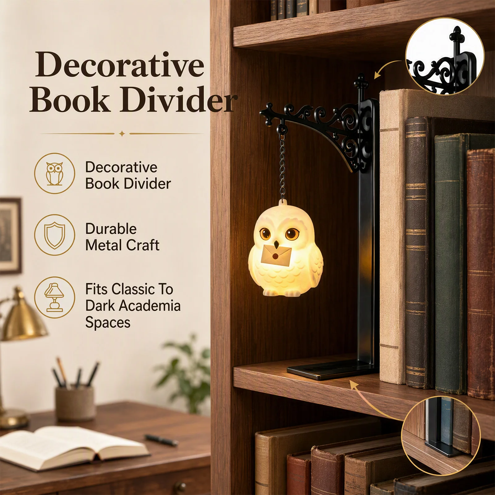 Hanging Owl Iron Art Bookshelf Light Decorative Bookend Reading Nook Library Home Bedroom Study Gift