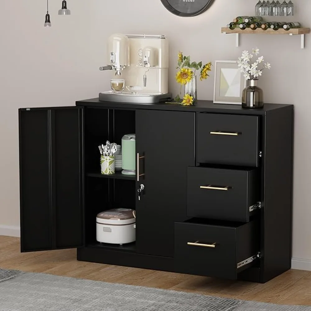 

Lateral File Cabinet With 3 Drawers, Metal Storage With Lock, Black Sideboard Buffet, Multi-Functional Accent for Home Office Li