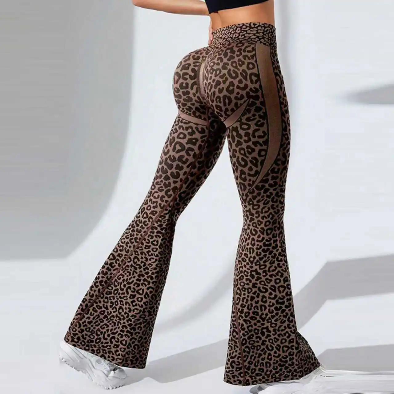 Women Leopard Flared Leggings High Waist Gym Fitness Workout Casual Trousers Yoga Pants Scrunch Sports Training Tights