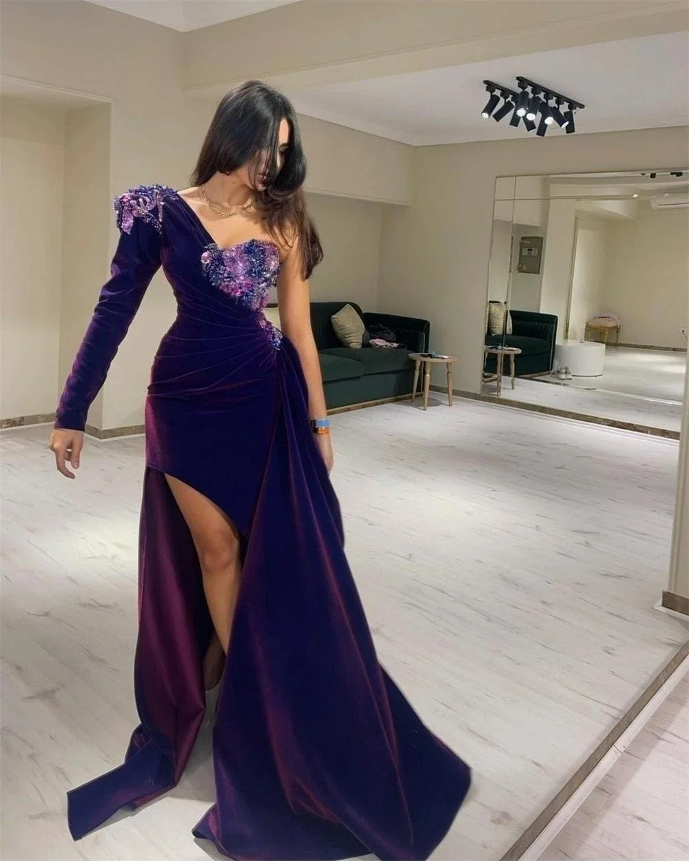 Purple One-Shouder Luxury Evening Dresses Velet Mermaid Long Sleeves Beads Prom Dresses 2024 New Formal Occasion Dresses