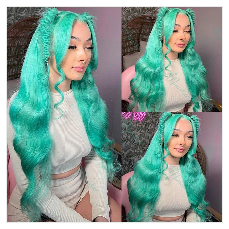 Mint Green Colored Body Wave Human Hair Wigs 13×6 HD Lace Frontal Wig 613 Brazilian Remy Lace Front Wigs Human Hair 180% 210% Density