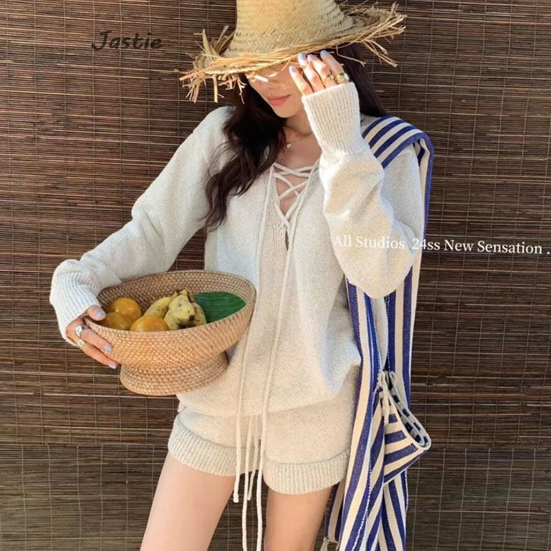 

2024 Spring Summer Casual Hollow Knitted Sweater + Casual Shorts Two Piece Set For Women Loose V Neck Tops Chic Beach Suit New