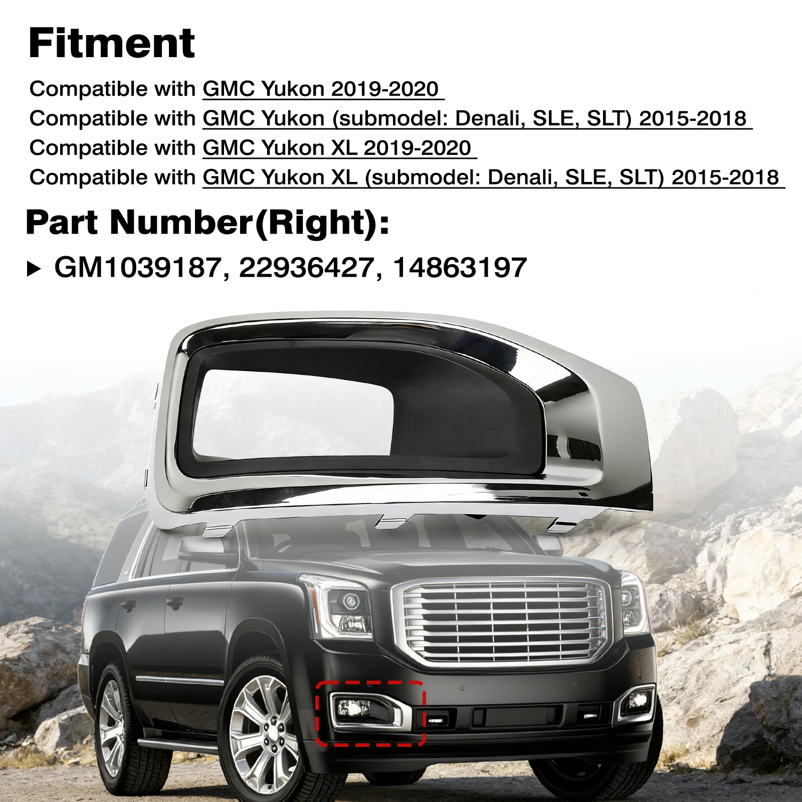 

Front Bumper Fog Light Frame Cover Trim Left/Right 22936426 22936427 For GMC Yukon XL 2019-2020 Denali SLE SLT 2015-2018