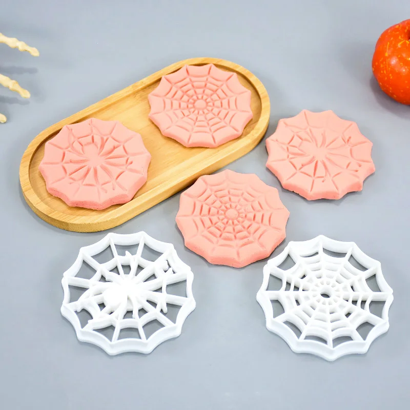 Halloween Spider Web 3D Cookie Cutters Cartoon Spider Pressable Biscuit Stamp Chocolate Plastic Mold Cake Baking Decoration Tool