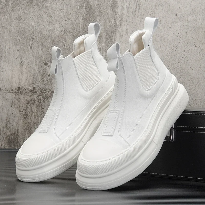 High Quality White Chelsea Ankle Boots for Men High Top Casual Shoes Fashion Trend Male Thick Sole Leather Sneakers