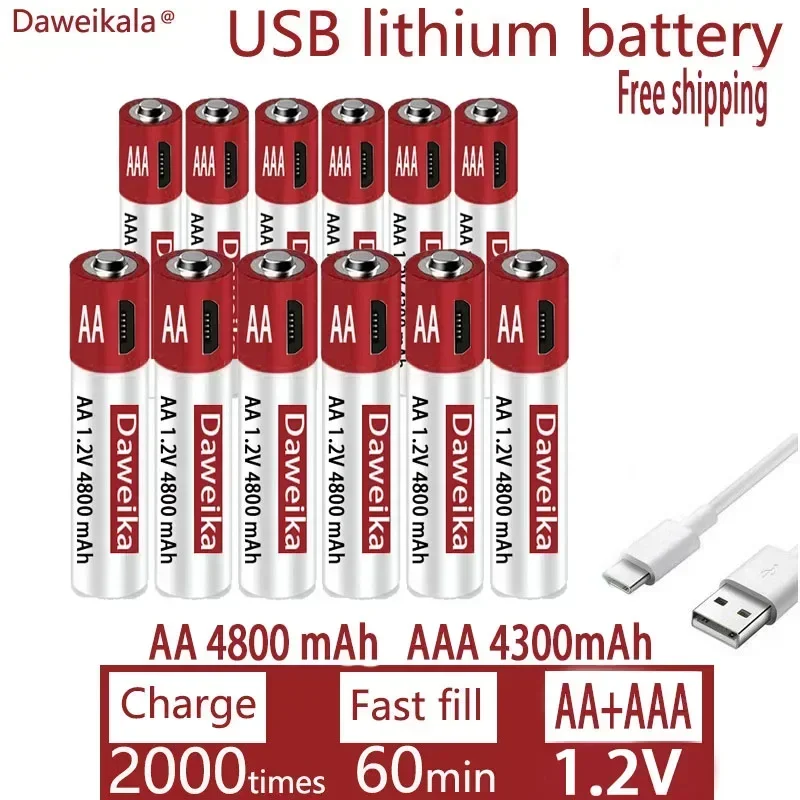 AA + AAA USB شحن 1.2 فولت AA 4800 مللي أمبير بطارية ليثيوم قابلة للشحن التحكم عن بعد لعبة الماوس البطارية
