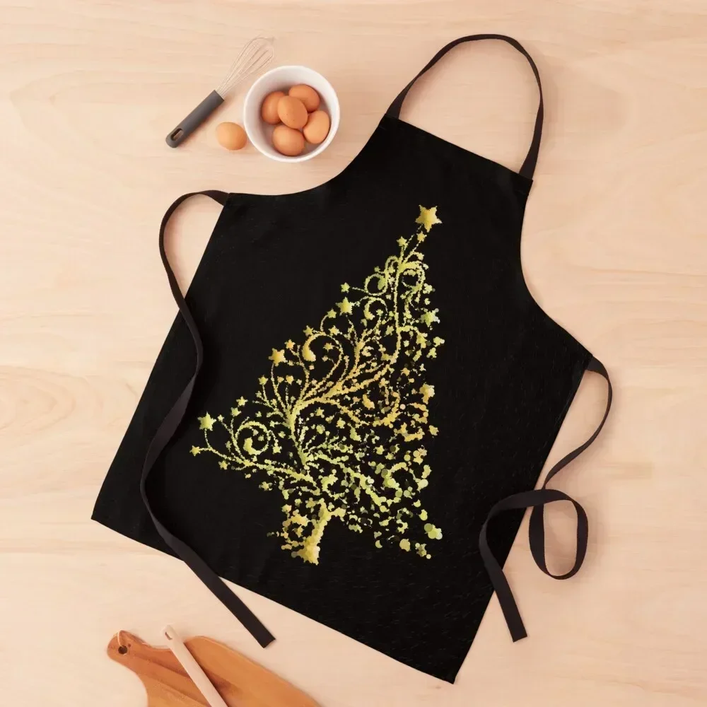 

Gold on Black Stylized Christmas Tree Apron Dress custom women's kitchen christmas 2025 Apron