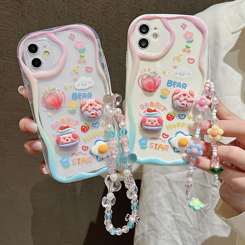 Cute 3D Pig Bracelet Wrist Chain Lanyard Clear Soft Phone Case For iPhone 13 14 15 Pro Max 11 12 XR XS X 7 8 Plus SE Back Cover