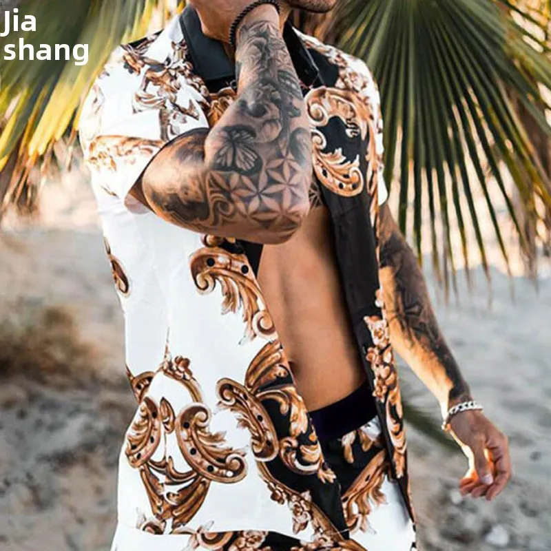 

Лето 2024, мужская свободная посадка, хлопковая ткань с принтом, повседневная легкая длинная льняная ткань без воротника, через границу, новинка...