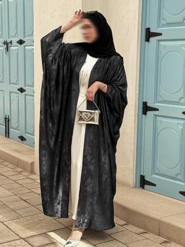 Eid Sliky Abaya na muzułmański strój imprezowy damski Ramadan Abaya rękaw w kształcie skrzydła nietoperza pas marokański Kaftan Vestidos Largos