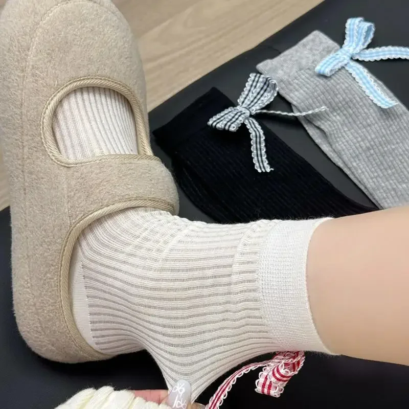 جوارب باليه على طراز منتصف الساق مع عقدة فراشة منقوشة رقيقة للصيف على طراز JK جوارب قطنية متوسطة الساق