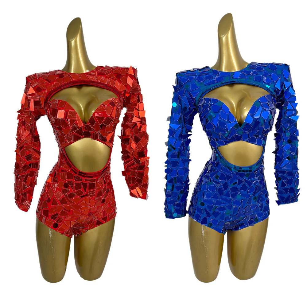 

Блестящий комбинезон с пайетками для женщин, с вырезами, короткий, цельный, для чирлидеров, фестивальный наряд, костюм для клубных гоу-гоу танцовщиц