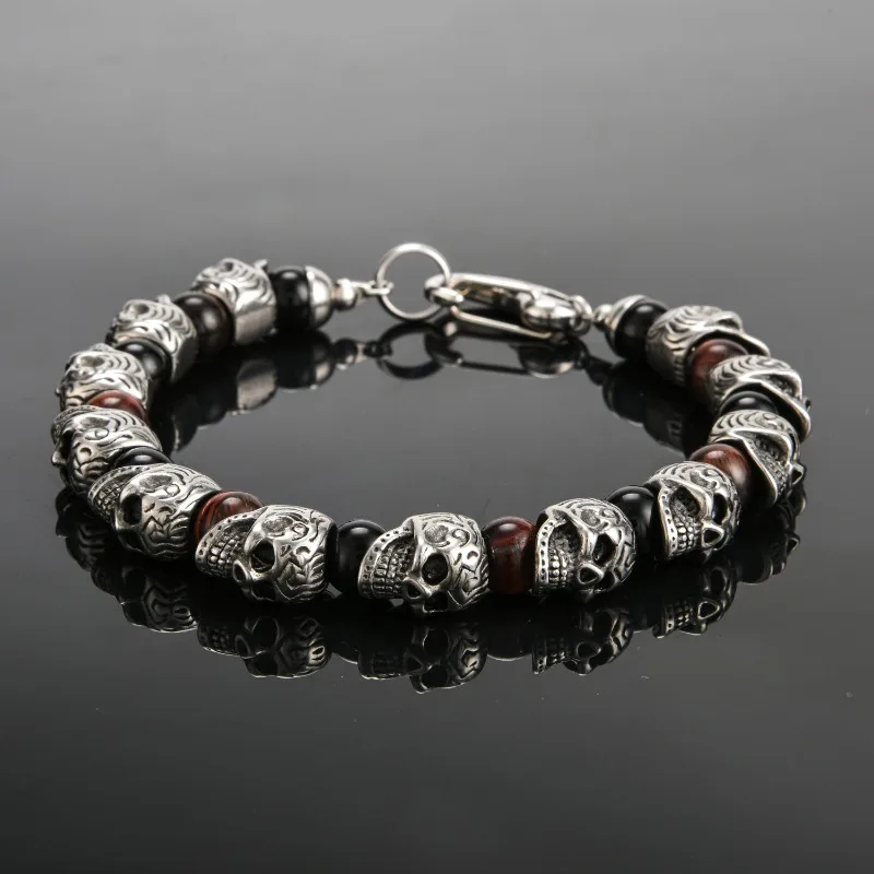 

2026 New Arrival Beaded Bracelet, Men's Stainless Steel Skull Bead Bracelet, Vintage Punk Hip Hop Fashion Jewelry