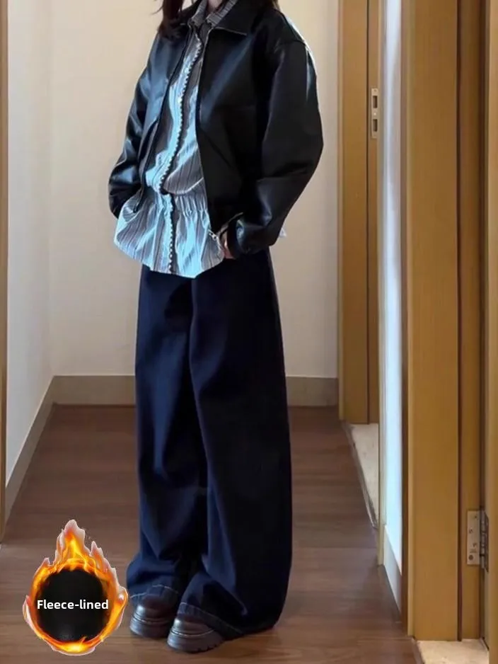 Dżinsy damskie plus size z wysokim stanem, amerykański styl, dżinsy denim, ocieplane, luźne, proste nogawki, jesień-zima, nowość