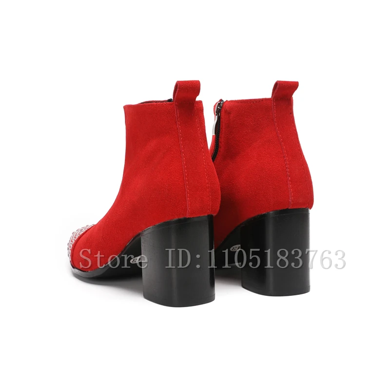 Sparkling Rhinestone Pointed Toe Men Short Ankle Boots Red Black Suede Chunky Block Heel Booties for Wedding Prom Evening Party