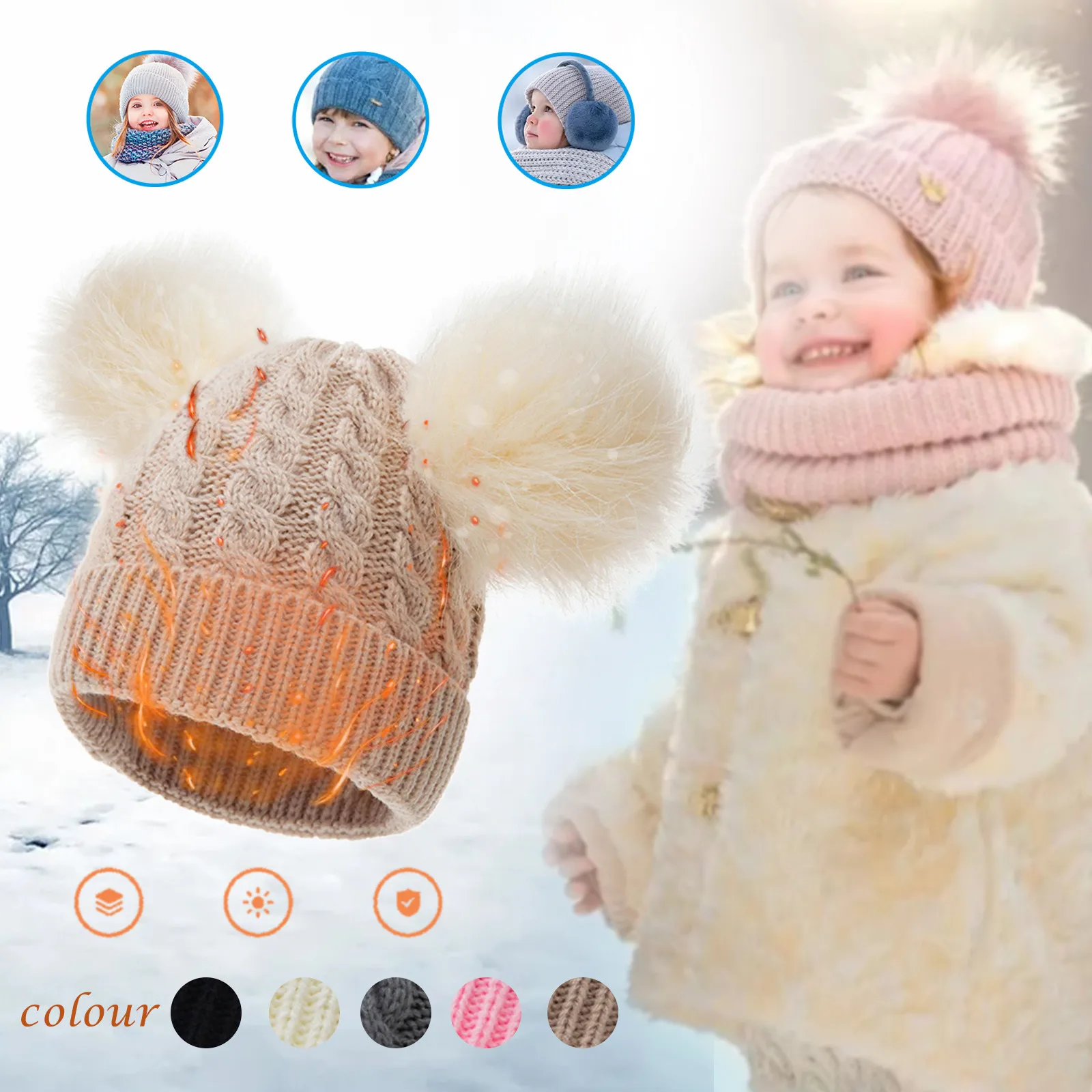 Kids Winter Hat Toddler Knitted Pom Beanie Hats Cotton Lined Faux Caps Baby Girls Boys Hat warm wrap Cap Cute Plush ball Knit