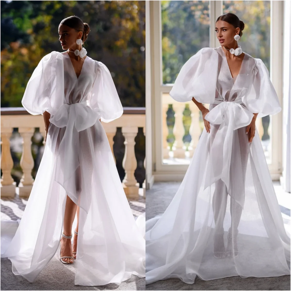 

Sexy Illusion Bride Robe And Nightgown Long Sleeve Bridal Gowns Photo shoot Maternity Dressing Gown for Photography