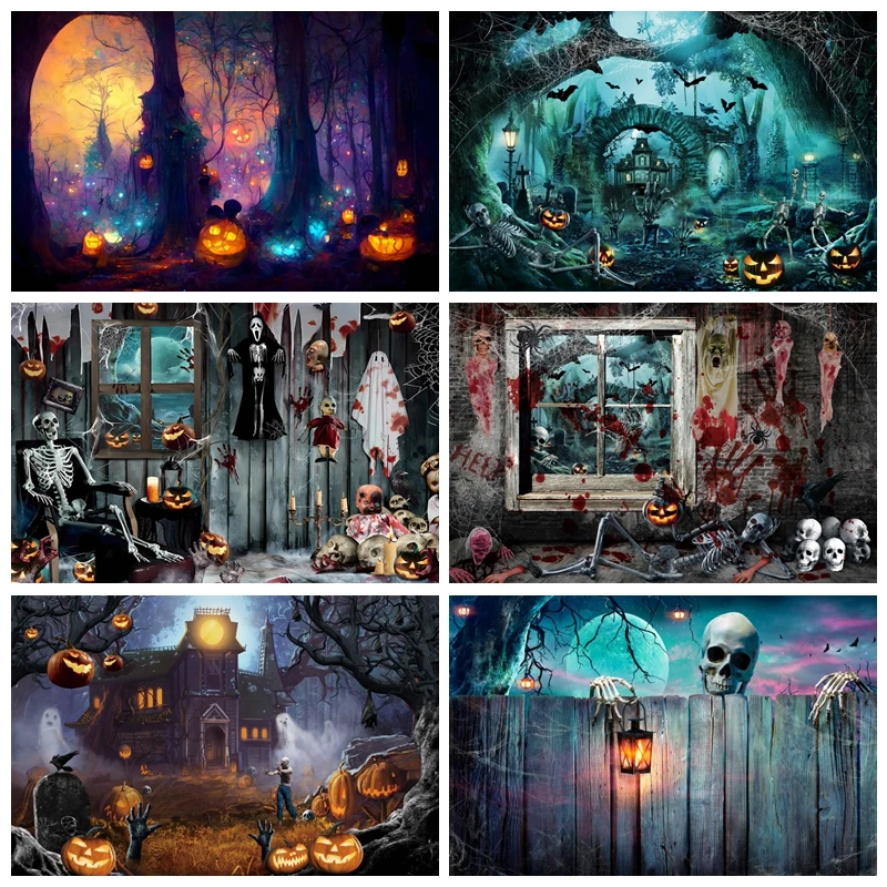 

Halloween Scary Themed Photography Background Pumpkin Bat Moon Backdrop Family Party Decoration Props Banner for Photo Studio