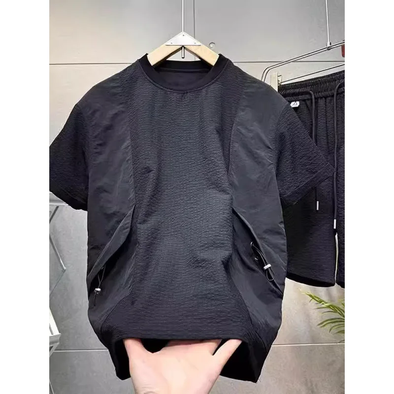 

Комплект из футболки и шорт из ледяного шелка (300 г/м²) для мужчин и женщин: летний, тонкий, свободный спортивный костюм большого размера