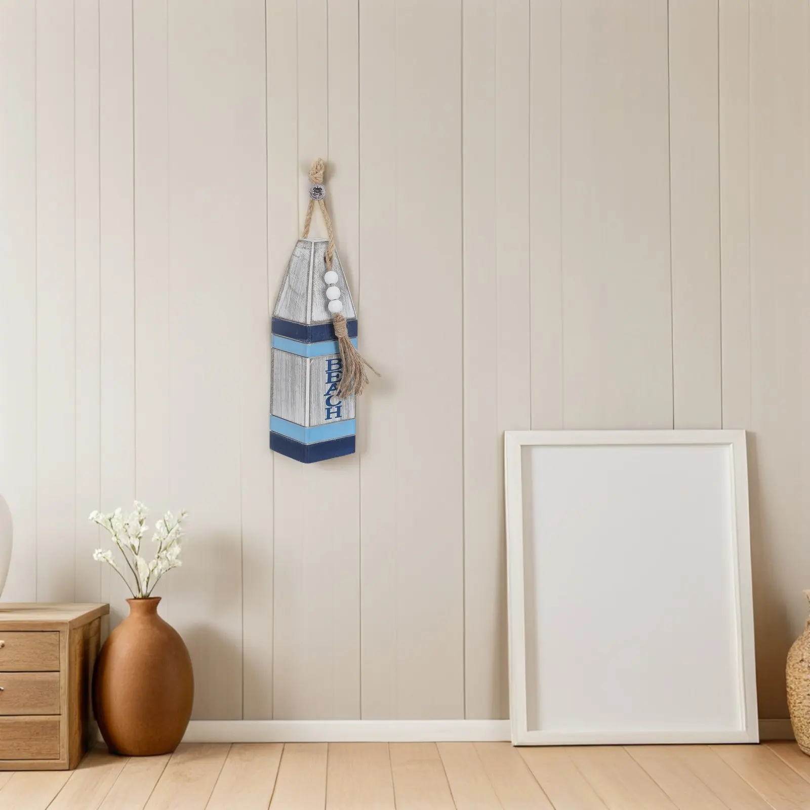 Wooden Buoy with Rope Hanging Nautical Bathroom Decor Coastal Wall Hanging Ocean Wood Sculpture Decorative Boat Float
