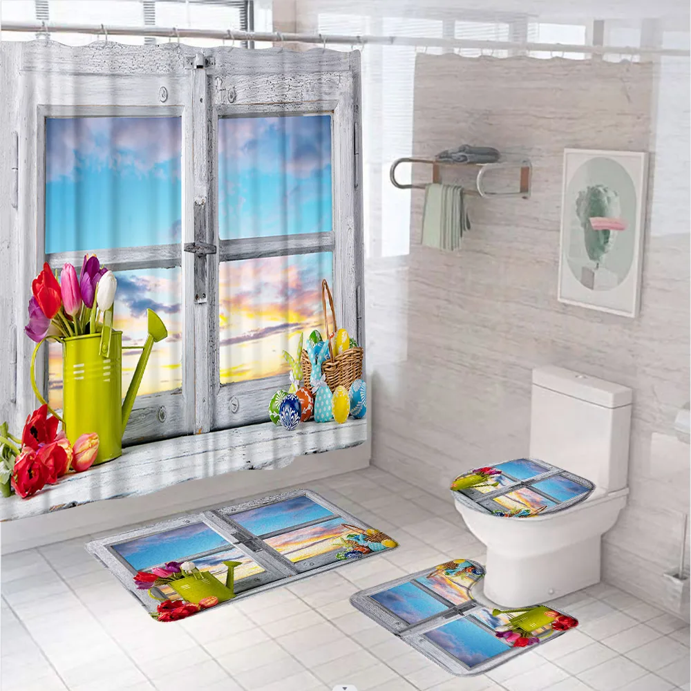 Vintage Wood Window Flower Field Shower Curtain Set Tulip Flowers Scenery Bathroom Curtains Non-Slip Bath Mat Rug Toilet Cover