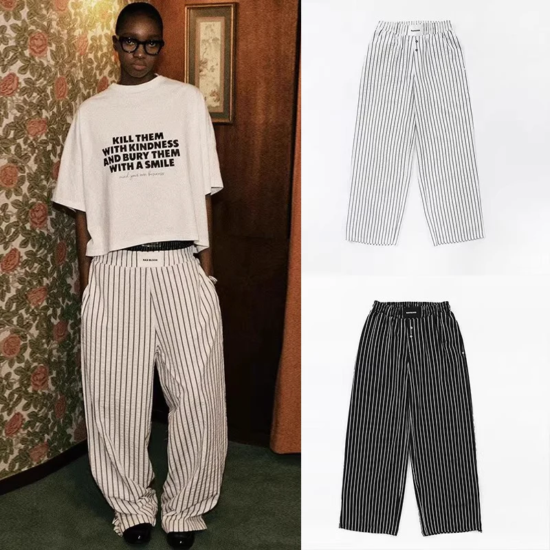 

American Stripe Casual Pants Women Design Sensation Sport Straight Leg Wide Leg Long Trousers Trendy Commute Style