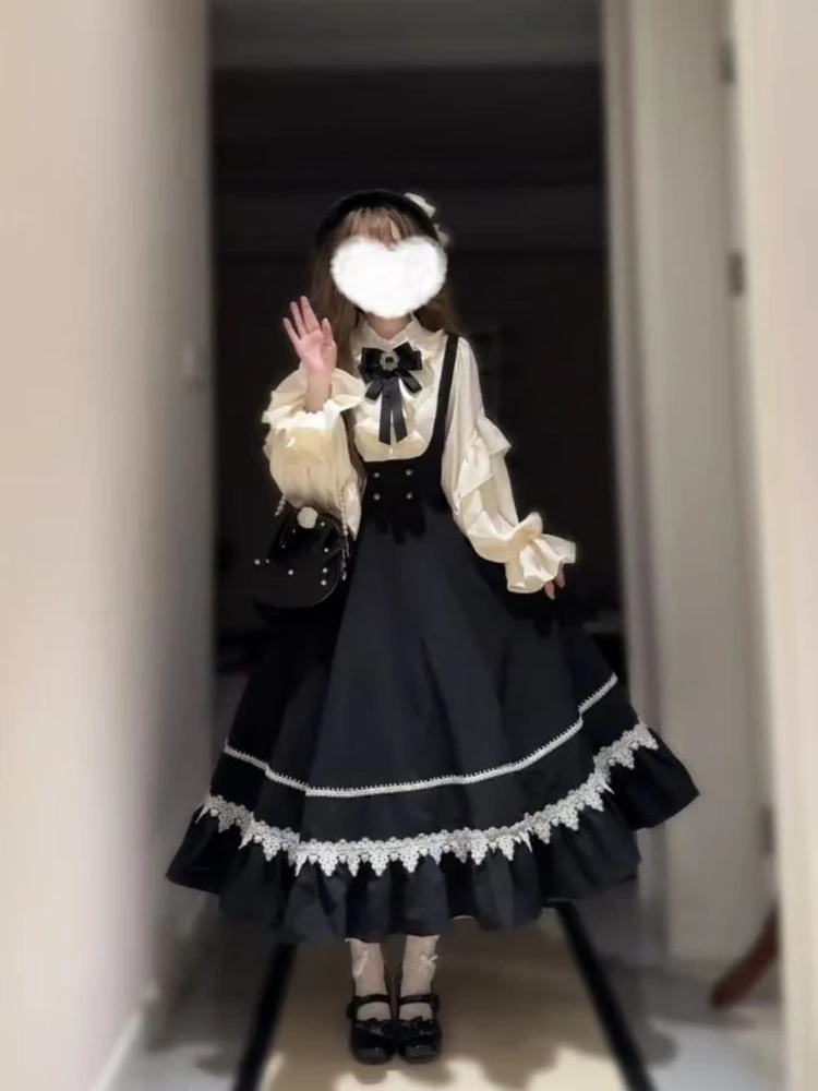 

2026 New Vintage Gothic Slim Fit Lolita Elegant Design Sense Long Sleeve Shirt +Autumn Winter Kawaii Shoulder Strap Dresses Sets