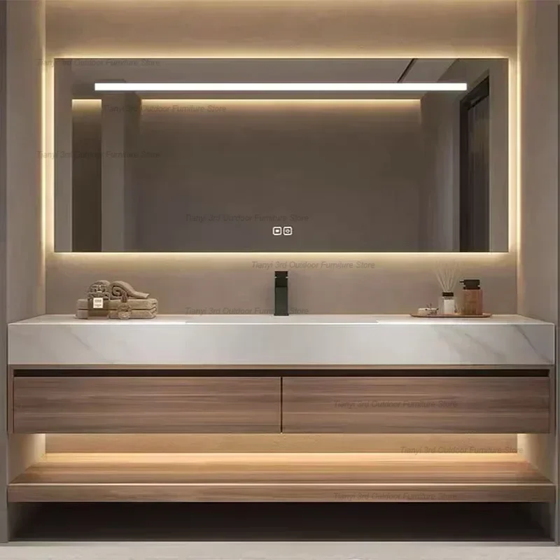 Modern Luxury Rock Panel Bathroom Cabinet Vanity with Sink Bathroom Mirror Cabinet Simple Fashion Furniture Meuble Evier FYBC