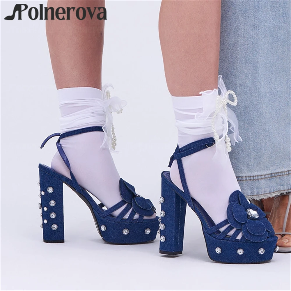 

Dark Wash Denim Gemstone Sandals Platform Chunky Heel Summer Shoes Floral Strappy Ankle Straps Rhinestone Buckle Women's Sandals