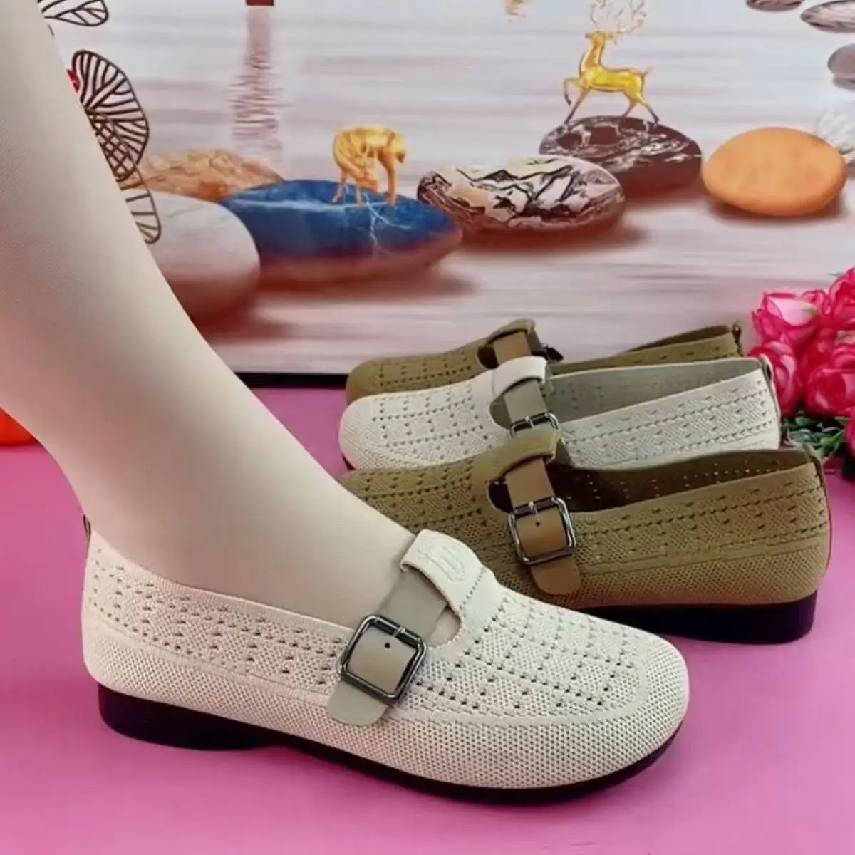 2026 Sommer Damen Atmungsaktive Mesh Mary Jane Flats Weiche Rutschfeste Sohle Leichte Bequeme Slip-on Laufschuhe für Mütter – Detail 2