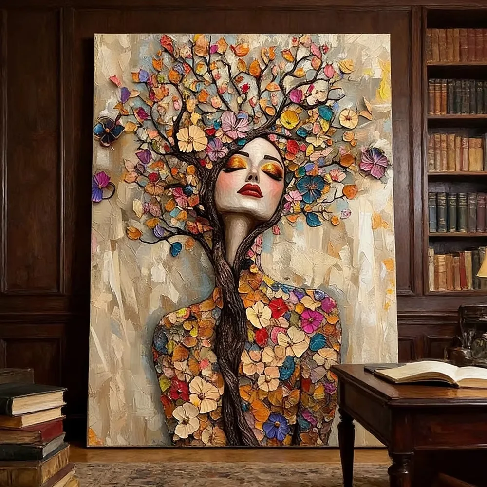 2D Flaches Mosaik Baum des Lebens Blumengöttin Leinwandgemälde Schöne Frauen Blumenporträt und Bäume Poster Druck Heimdekoration – Detail 7