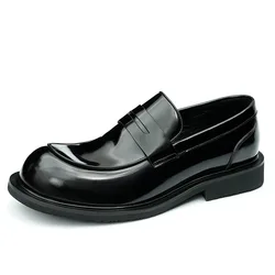 Men's Fashion Genuine Leather Big Toe Shoes Bright Lacquered Leather Shoes Solid Color Slip-On British Style Casual Men's Shoes