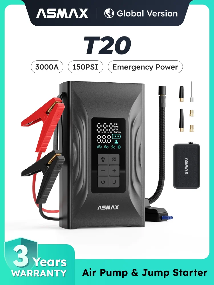 ASMAX T20 3000A Tragbarer Auto-Batterie-Starthilfegerät 150PSI Reifenfüller Luftkompressor Notstromversorgung für 12V-Fahrzeuge USB-C-Ladung