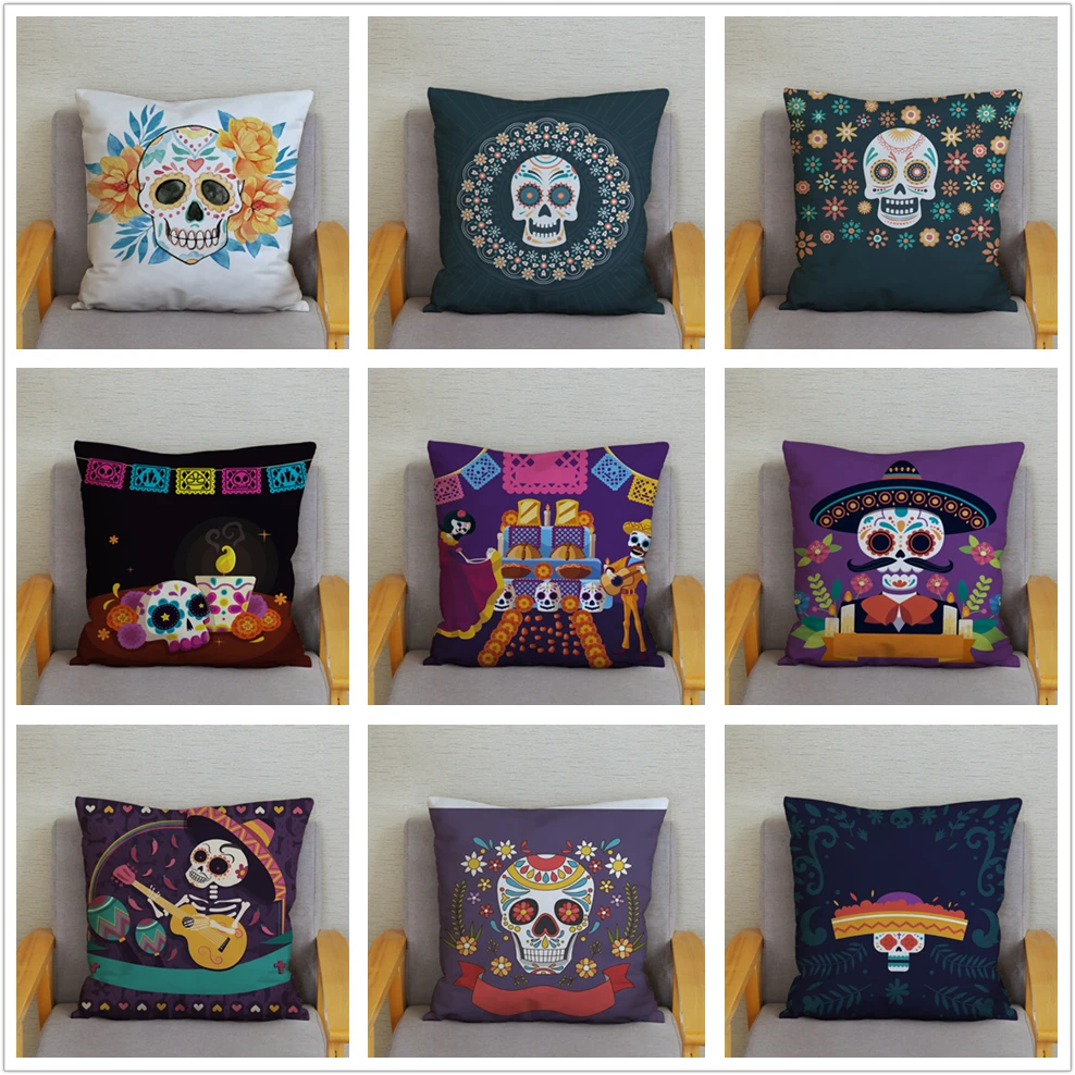Mexican Day of The Dead Pillowcase Bedroom Living Room Sofa Home Decoration Cartoon Flower Skull Print Cushion Cover