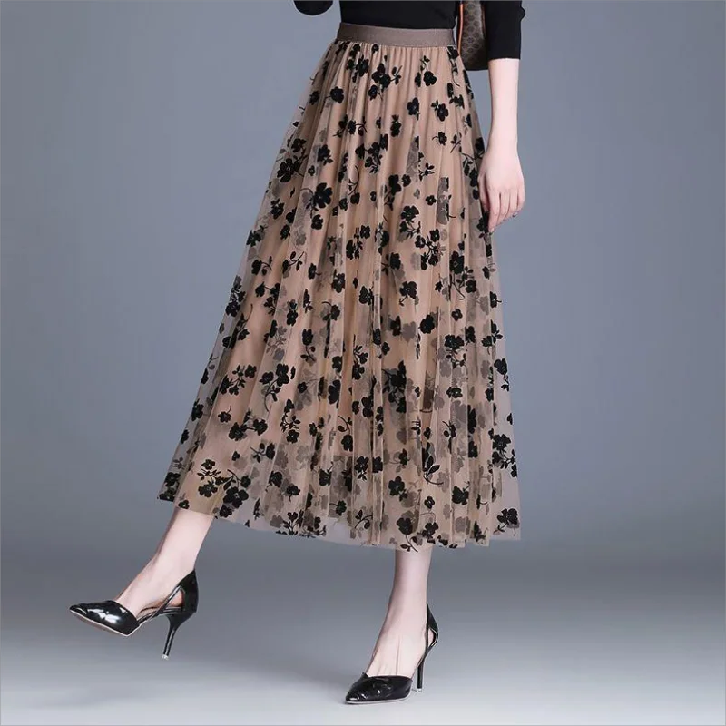 

Two side wearable small floral mesh skirt, spring/summer 2023 new A-line high waisted pleated skirt long swing skirt