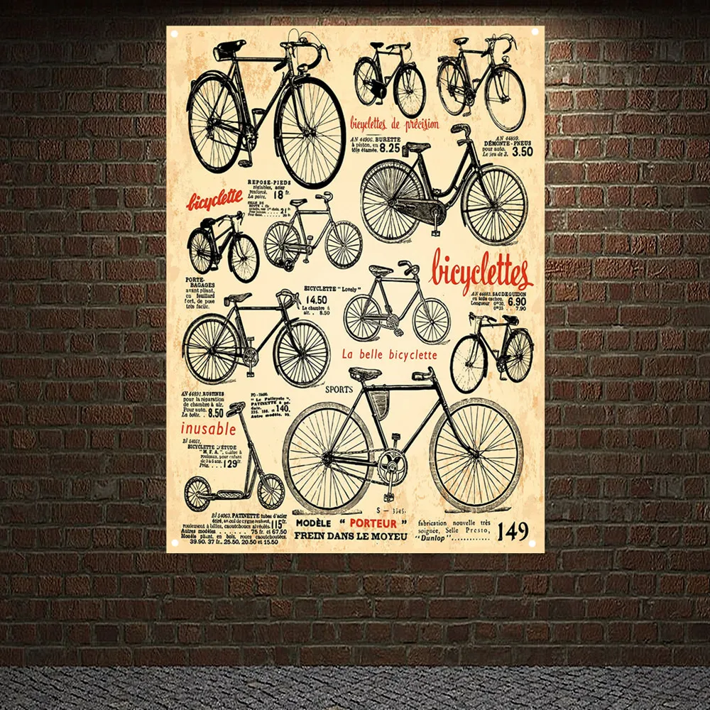 

Old Bike Frames Wall Art Banner Wall Hanging Flag Vintage Posters and Prints Canvas Painting Bike Repair Shop Decor Tapestry