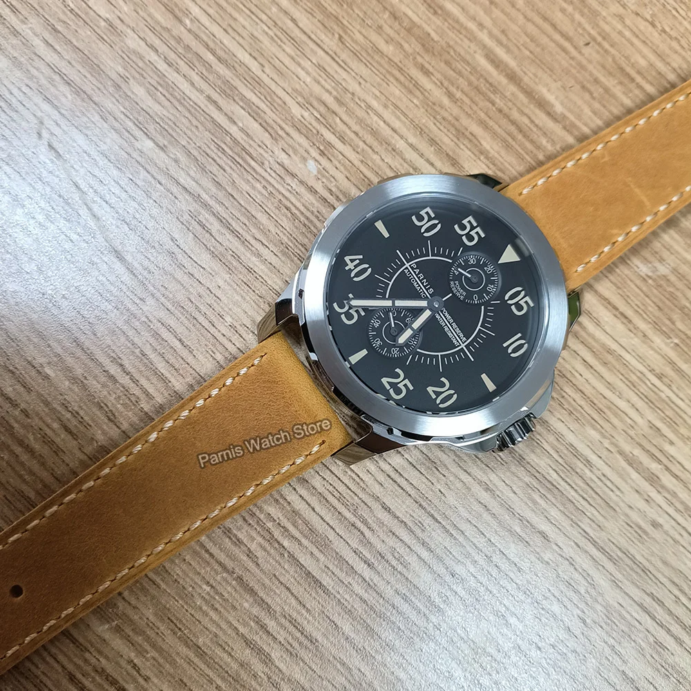 Parnis 44mm Silver Case Automatic Mechanical 5Bar Waterproof Power Reserve Brown Leather Strap Sapphire Glass Watches for Me