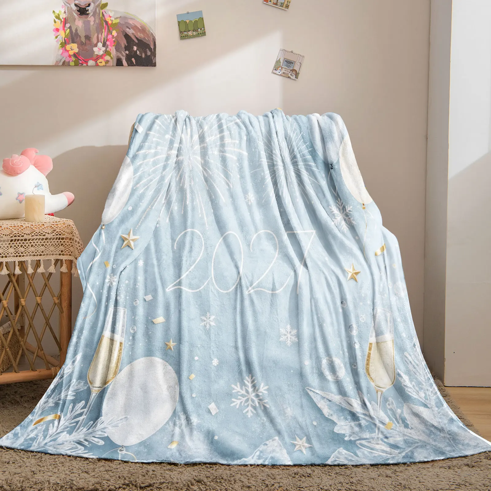 2027 New Year Flannel Throw Blanket Light Blue Balloon Snowflake Print Soft Flannel Microfiber Cozy Blanket Holiday Home Decor