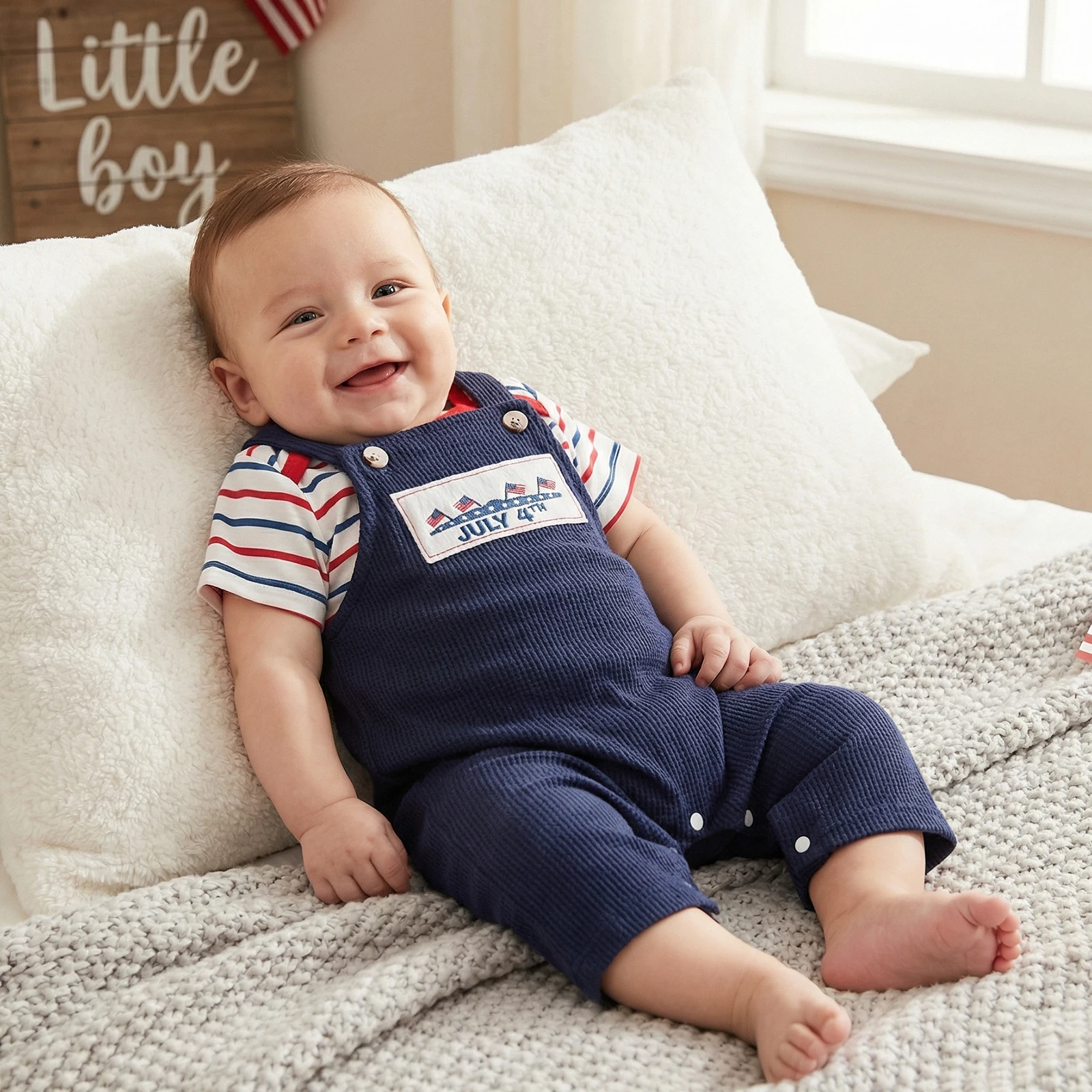 Baby 4th of July Outfit Fashionable Patriotic Short Sleeve Striped Romper with Flag Embroidery Overalls 2Pcs Set