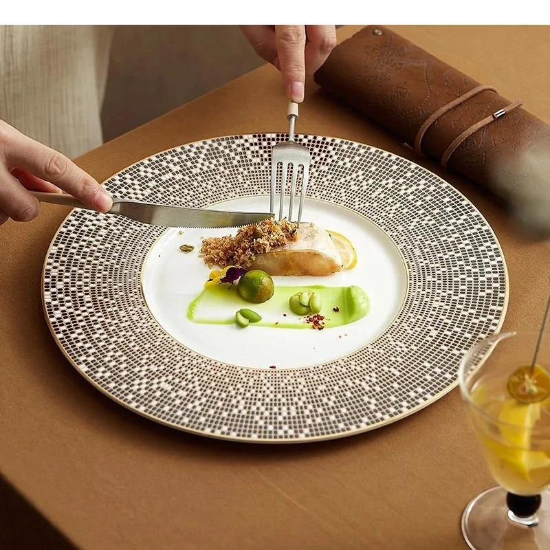 Irregular Hand Drawn Gilding Ceramic Flat Plate Restaurant Steak Dessert Pasta Plates Molecular Cuisine Tableware