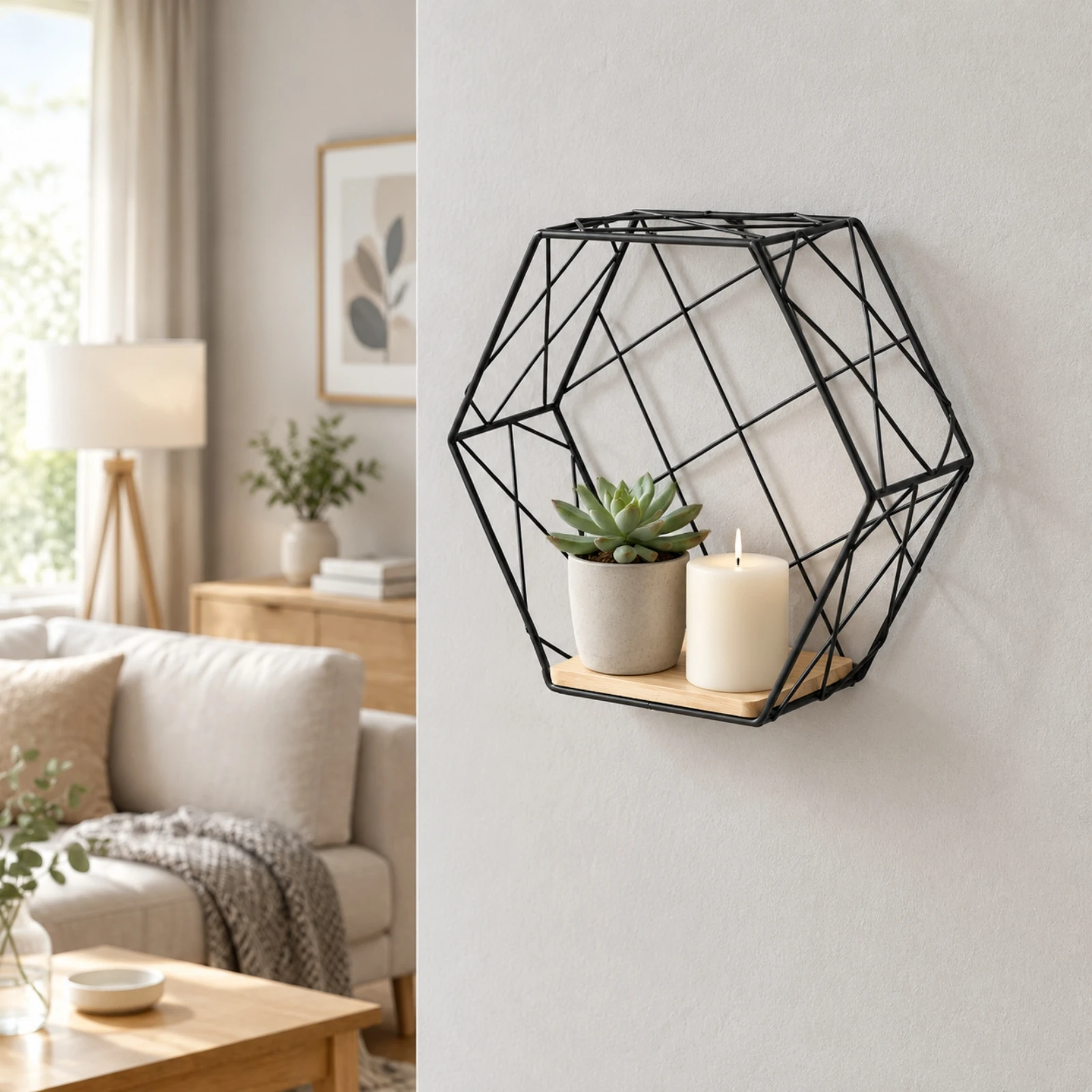 Hexagonal Wire Wall Shelf Geometric Hexagonal Floating Shelf with Wood Board Compact Modern for Living Room, Bedroom