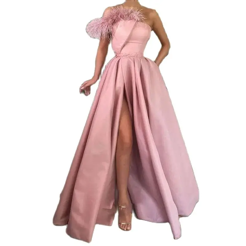 Vestidos de noite de penas sem alças luxo drapeado até o chão vestidos divididos ocasião formal elegante vestido de baile feminino 2025