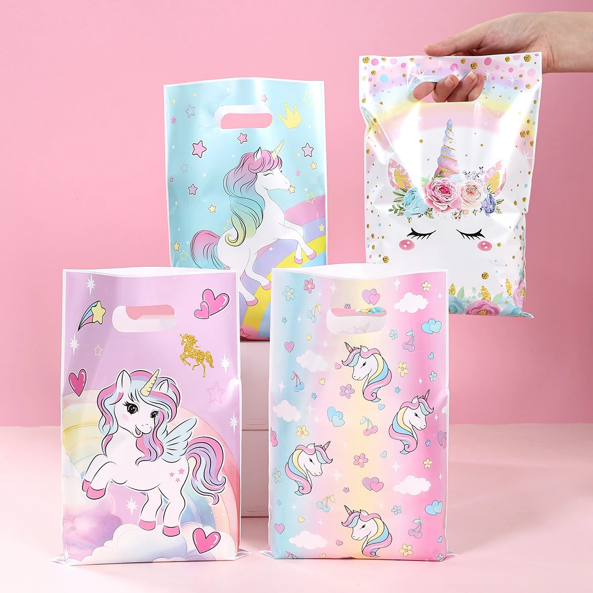 Sacs à bonbons licorne 10/25/50pcs, sacs à cadeaux pour fête d'anniversaire, sacs d'emballage cadeau, fournitures de fête prénatale pour fille 1er anniversaire