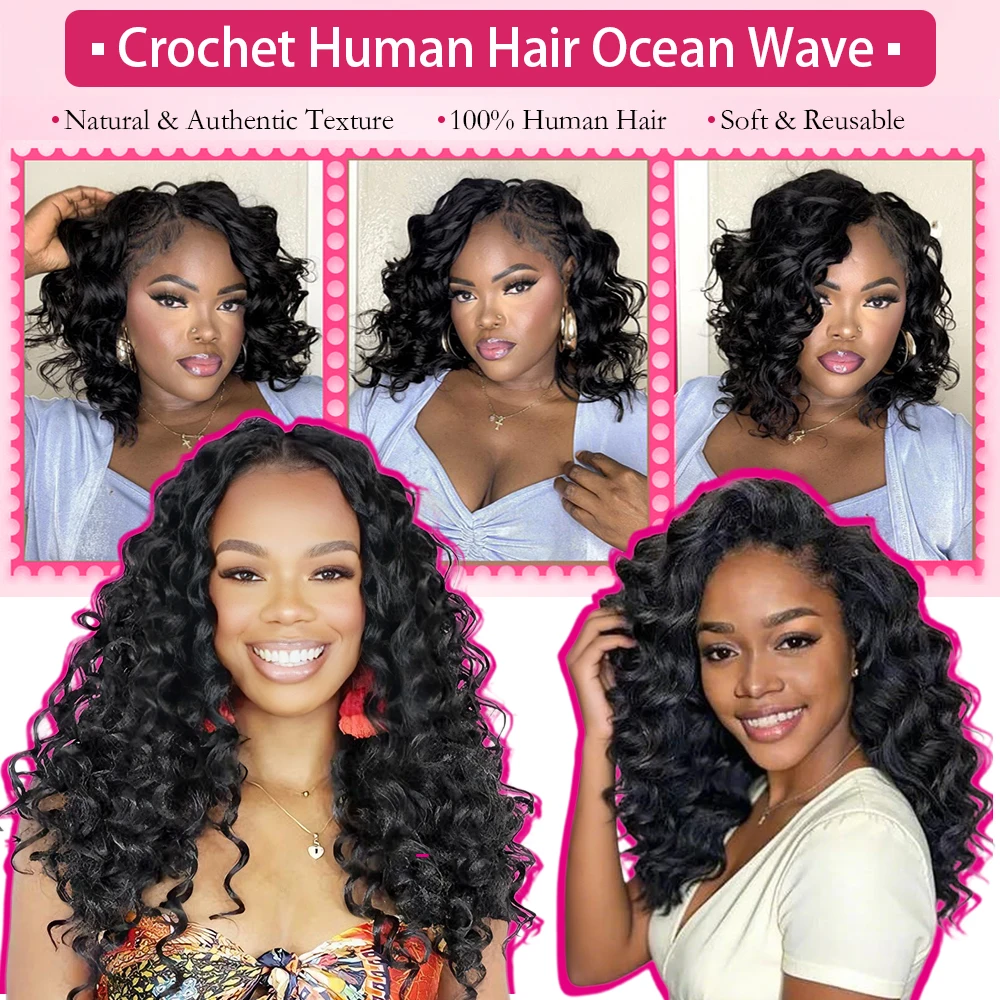 Ocean Wave Crochet Braids Miracle Knots Crochet Human Hair Pre-Separated Invisible Knotless Loose Deep Wave Feather Crochet Human Hair Bundles For Black Women Ocean Wave Humain Crochet Hair 16 To 26 Inch 60g/pcs 240g For A Head Burmese Curly Crochet Hair